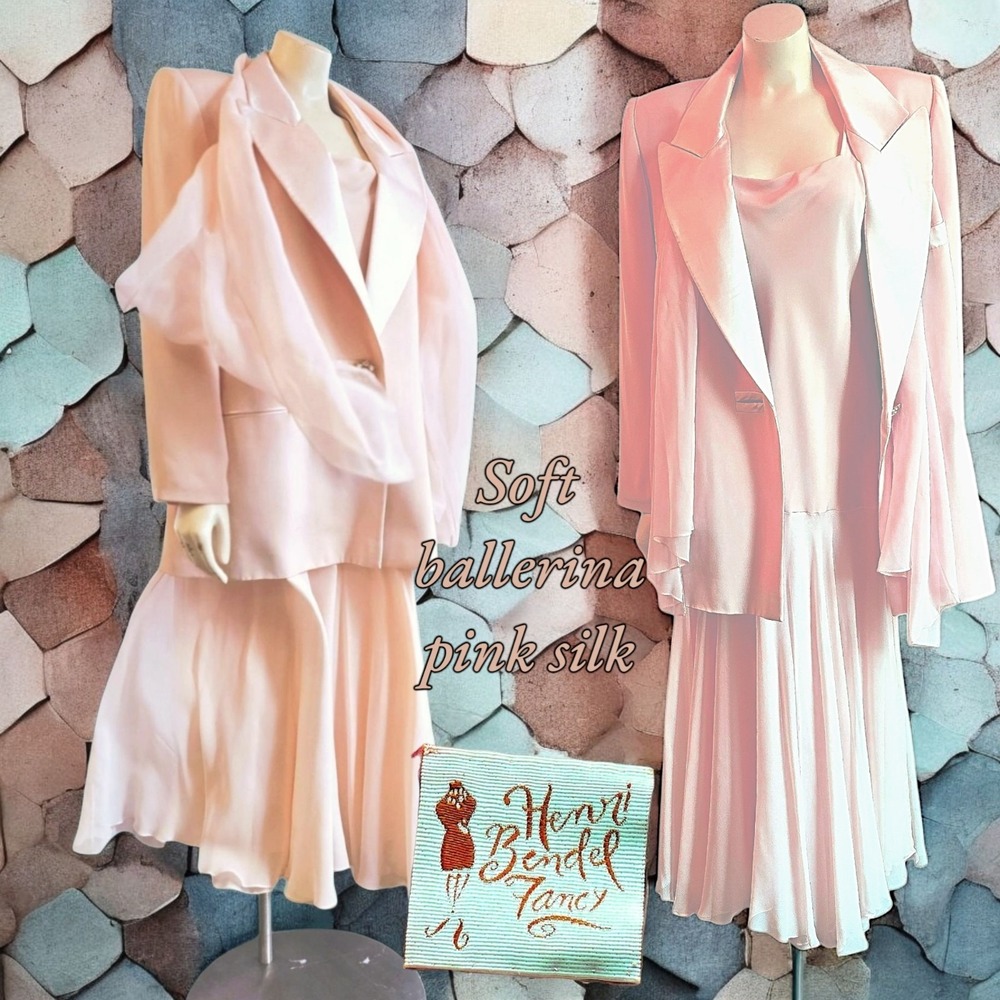 Vintage New Henri Bendel Soft Ballet Pink Silk Dress & Blazer Jacket Set